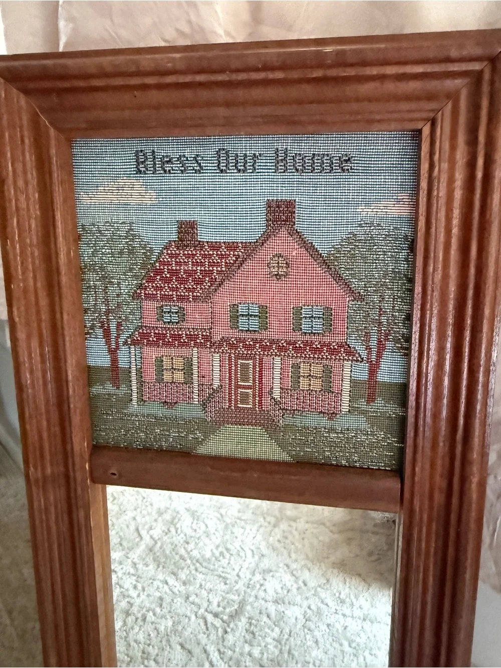 Handcrafted Pink House Needlepoint Wall Mirror